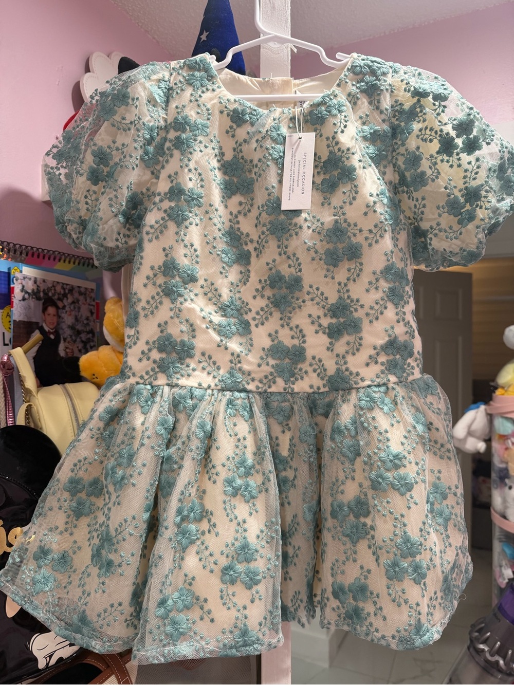 Janie and Jack Ivory Dress with Teal Floral Embroidery
